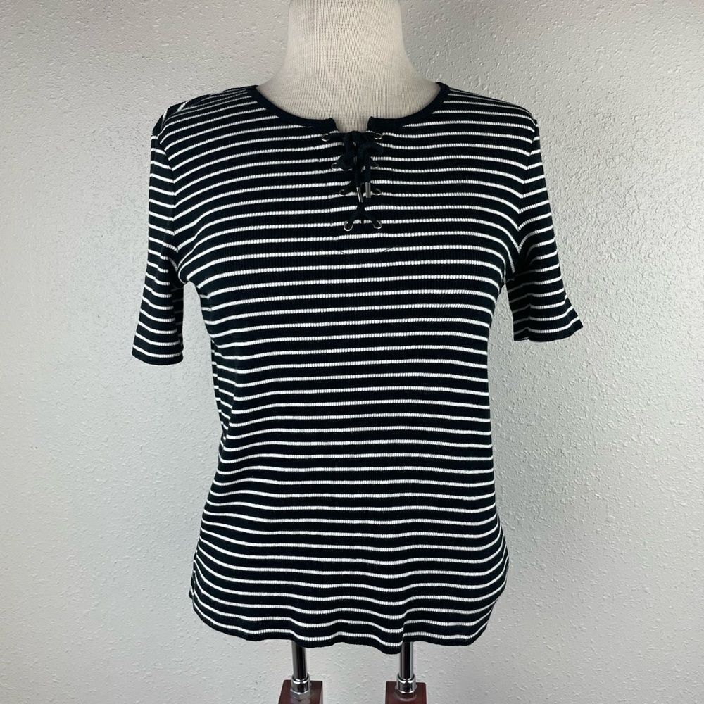 Lauren Ralph Lauren Black and White Striped Short Sleeve Top Size S EUC